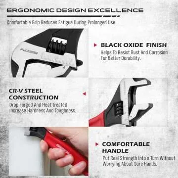 6" Adjustable Wrench Pipe Spanner: Wide Jaw Black Oxide Wrench With Cushion Grip, Laser Marked Metric & SAE Scales, CR-V Steel, for Professionals