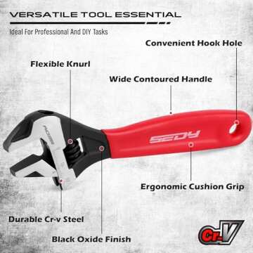 6" Adjustable Wrench Pipe Spanner: Wide Jaw Black Oxide Wrench With Cushion Grip, Laser Marked Metric & SAE Scales, CR-V Steel, for Professionals