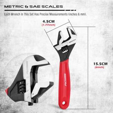 6" Adjustable Wrench Pipe Spanner: Wide Jaw Black Oxide Wrench With Cushion Grip, Laser Marked Metric & SAE Scales, CR-V Steel, for Professionals