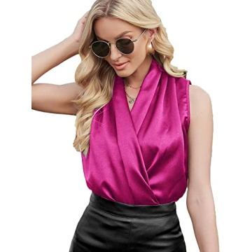 LYANER Women's Elegant Satin Wrap V Neck Sleeveless Tank Blouse