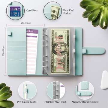 SOUL MAMA Budget Binder with Zipper Envelopes - Blue Money Organizer for Cash, A6 Binder Cash Envelopes for Budgeting, Money Saving Binder with Rose Gold Pre-Printed Stickers