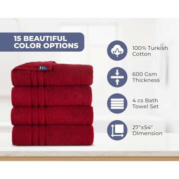 Hawmam Linen Burgundy Bath Towels 4 Pack Soft and Absorbent, Premium Quality Perfect for Daily Use 100% Cotton Towel 600 GSM