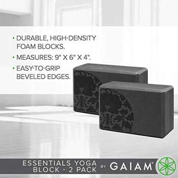 Gaiam Essentials Yoga Block (Set of 2) - Supportive Foam Blocks - Soft Non-Slip Surface for Yoga, Pilates, Meditation - Easy-Grip Beveled Edges - Helps with Alignment and Motion - Black, Premium