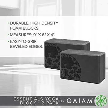 Gaiam Essentials Yoga Block (Set of 2) - Supportive Foam Blocks - Soft Non-Slip Surface for Yoga, Pilates, Meditation - Easy-Grip Beveled Edges - Helps with Alignment and Motion - Black, Premium