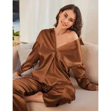 Ekouaer Womens 2 Piece Silk Satin Pajama Set Long Sleeve Lounge Sets Button Down Shirts and Pants PJs Soft Sleepwear Sets Clay L