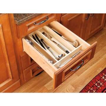 Rev-A-Shelf Trim-to-Fit Silverware Drawer Organizer For Kitchen Utensils, Cutlery Cabinet Storage Divider Insert, 18.5" x 22", Maple Wood, 4WUT-1