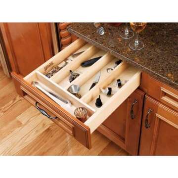Rev-A-Shelf Trim-to-Fit Silverware Drawer Organizer For Kitchen Utensils, Cutlery Cabinet Storage Divider Insert, 18.5" x 22", Maple Wood, 4WUT-1