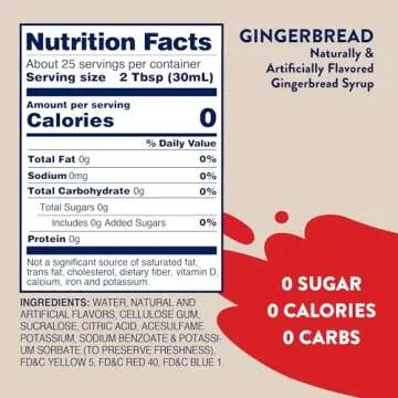 Jordan's Skinny Syrups Sugar Free Coffee Syrup, Gingerbread Latte Flavor Drink Mix, Zero Calorie Flavoring for Lattes, Protein Shake, Food & More, Gluten Free, Keto Friendly, 25.4 Fl Oz, 1 Pack