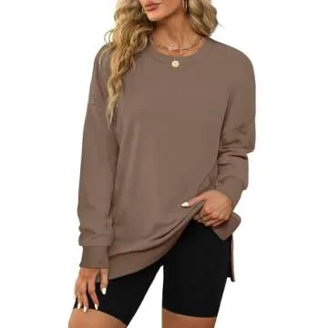 XIEERDUO Womens Tops Casual Plain Sweatshirts For Women Loose Fit Ribbed Hem Coffee XL