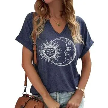 Woffccrd Women's V Neck T-Shirts Vintage Graphic Tees Sun and Moon Short Sleeve Vacation Funny Graph...