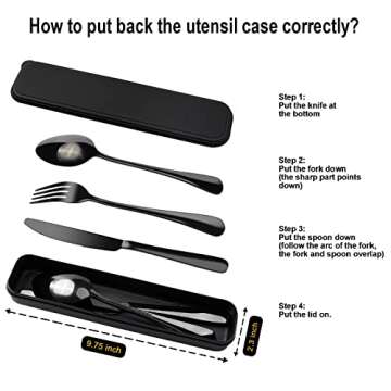 Portable Travel Utensils Set with Case 18/8 Stainless Steel Black Silverware Sets Include Knife Fork and Spoon with Case Reusable Flatware Sets for Lunch Box and Camping (Black)