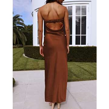 Realtix Satin Silk Backless Tube Tops Maxi Dress for Women Low Back Hollow Out Elegant Strapless Long Dresses Wedding Guest Brown