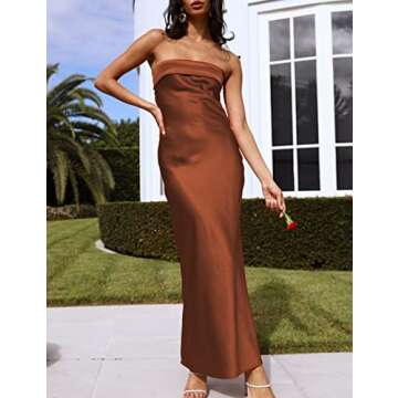 Realtix Satin Silk Backless Tube Tops Maxi Dress for Women Low Back Hollow Out Elegant Strapless Long Dresses Wedding Guest Brown