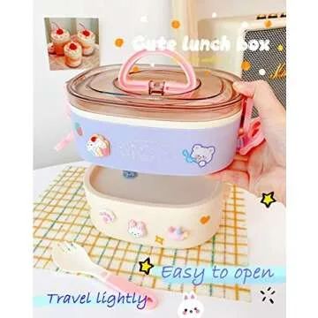 Paidideng Kawaii Bento Box Bento Lunch Box with Lunch Bag,Tableware,Biscuit bags,2 Layers Stacked Leakproof Cute Lunch Box,for Travel,Office,Gym. (purple)
