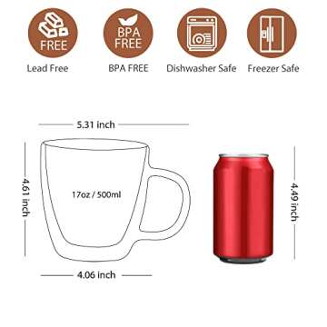 CNGLASS Large Glass Coffee Mugs 17oz,Double Walled Insulated Clear Coffee Cups with Handle,Clear Esp...