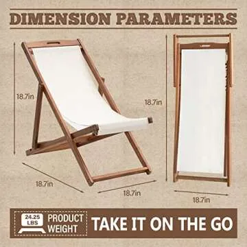 Outdoor Wooden Patio Lounge Chair 2 Set Beach Sling Chair Set Height Portable Reclining Beach Chair Solid Wood Frame with White Polyester Canvas 3 Level,Khaki