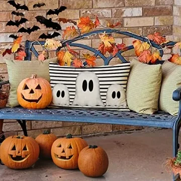 GEEORY Ghost Striped Halloween Pillow Cover for Fall Decor