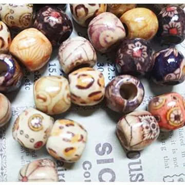 300pcs Mixed Painted Barrel Wood Spacer Beads, BetterJonny 12mm Round Printed Pattern Drum Wood Loose Beads for DIY Making Bracelet Necklace Jewelry Hair Craft Project