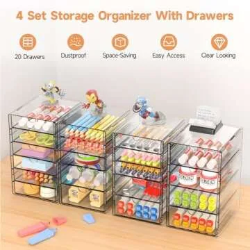 Makeup Drawer Storage Organizer with 20 Drawers, 4 Set Acrylic Office Desk Organization and Storage, Dustproof Drawer Organizer for Makeup, Office, Countertop, Jewelry, Pen, Desktop, Bathroom, Bedroom