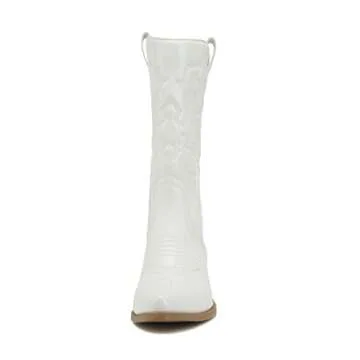 Soda Women Cowgirl Cowboy Western Stitched Boots Pointy Toe Knee High Reno-S, 8, White/Beige Pu
