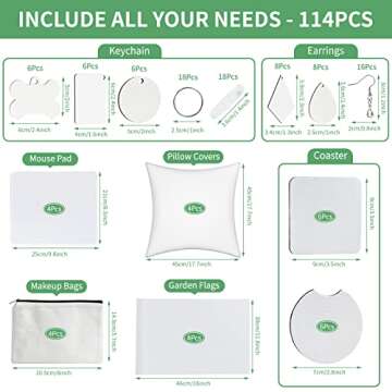 114Pcs Sublimation Blanks Products, Sublimation Blanks Set Including DIY Blank Makeup Bag, Keychain, Earring, Pillow Cover, Mouse Pad, Coaster, Garden Flag for Sublimation Transfer Christmas Craft