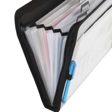 Five Star 7 Pocket Expanding File Organizer + Study App, Plastic Expandable File Folders with Customizable Tabs & Clear Cover, Holds 11" x 8-1/2", Zipper Closure, White (72508)