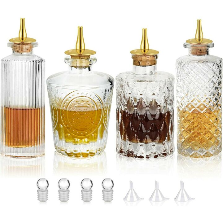 4pcs Glass Bitters Bottle Set with Dasher Top