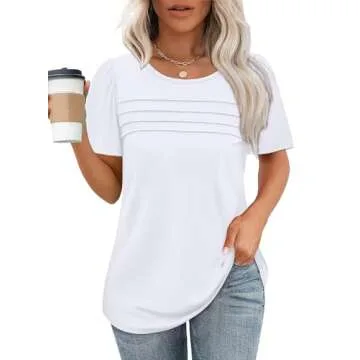White Tops for Women Short Sleeve Shirts Dressy Casual Blouses Loose Fit Beach Vacation Clothes Spri...