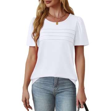 White Tops for Women Short Sleeve Shirts Dressy Casual Blouses Loose Fit Beach Vacation Clothes Spring Summer Outfits Pleated Front Curved Hem S