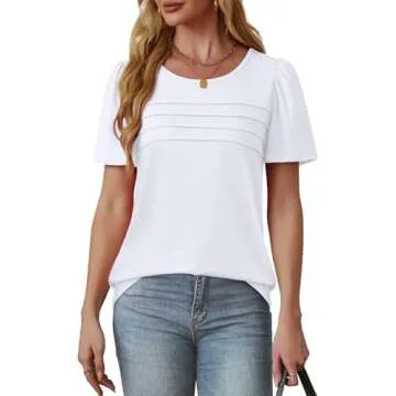 White Tops for Women Short Sleeve Shirts Dressy Casual Blouses Loose Fit Beach Vacation Clothes Spring Summer Outfits Pleated Front Curved Hem S