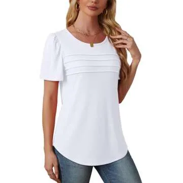 White Tops for Women Short Sleeve Shirts Dressy Casual Blouses Loose Fit Beach Vacation Clothes Spring Summer Outfits Pleated Front Curved Hem S