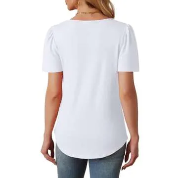 White Tops for Women Short Sleeve Shirts Dressy Casual Blouses Loose Fit Beach Vacation Clothes Spring Summer Outfits Pleated Front Curved Hem S