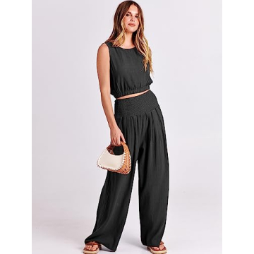 ANRABESS Women's 2 Piece Linen Lounge Set Casual Matching Pants Jumpsuit Summer Beach Travel Vacation Trendy Outfits Black Large