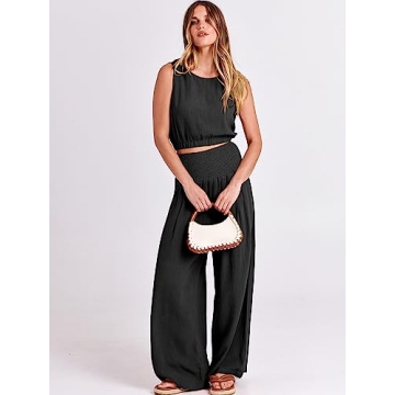 ANRABESS Women's 2 Piece Linen Lounge Set Casual Matching Pants Jumpsuit Summer Beach Travel Vacation Trendy Outfits Black Large