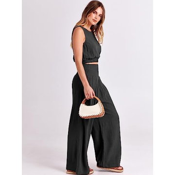 ANRABESS Women's 2 Piece Linen Lounge Set Casual Matching Pants Jumpsuit Summer Beach Travel Vacation Trendy Outfits Black Large