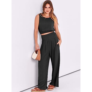 ANRABESS Women's 2 Piece Linen Lounge Set Casual Matching Pants Jumpsuit Summer Beach Travel Vacation Trendy Outfits Black Large