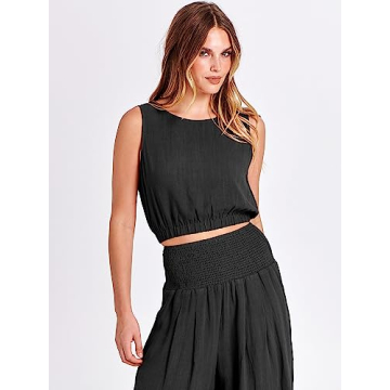 ANRABESS Women's 2 Piece Linen Lounge Set Casual Matching Pants Jumpsuit Summer Beach Travel Vacation Trendy Outfits Black Large