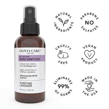 Olivia Care Hand Sanitizer Alcohol Based and Infused with Cleansing Lavender Essential Oils 4 FL OZ