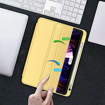 ZryXal New iPad Pro 11 Inch Case 2022(4th Gen)/2021(3rd Gen)/2020(2nd Gen) with Pencil Holder,Smart iPad Case [Support Touch ID and Auto Wake/Sleep] with Auto 2nd Gen Pencil Charging (Yellow)