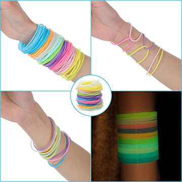 100 Pieces Silicone Jelly Bracelets Luminescent 80s 90s Hair Ties Accessories Multicolor Rainbow Wristband Valentine's Party Favor Mardi Gras Wrist Armband Retro Band for Girls Women Employee Team