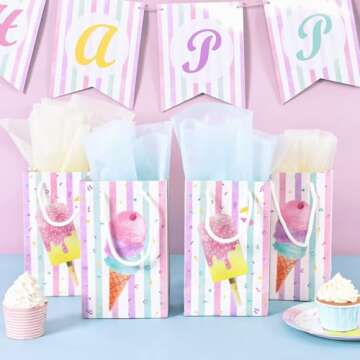 WERNNSAI 16 PCS Ice Cream Gift Bags - Ice Cream Theme Party Supplies Pink Portable Goodies Candy Tote Bags with Handles Party Favors Bags for Girls Sweet Birthday Baby Shower
