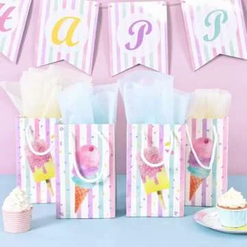 WERNNSAI 16 PCS Ice Cream Gift Bags - Ice Cream Theme Party Supplies Pink Portable Goodies Candy Tote Bags with Handles Party Favors Bags for Girls Sweet Birthday Baby Shower