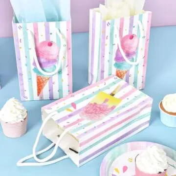 WERNNSAI 16 PCS Ice Cream Gift Bags - Ice Cream Theme Party Supplies Pink Portable Goodies Candy Tote Bags with Handles Party Favors Bags for Girls Sweet Birthday Baby Shower