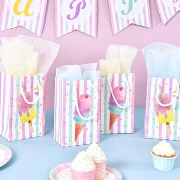 WERNNSAI 16 PCS Ice Cream Gift Bags - Ice Cream Theme Party Supplies Pink Portable Goodies Candy Tote Bags with Handles Party Favors Bags for Girls Sweet Birthday Baby Shower