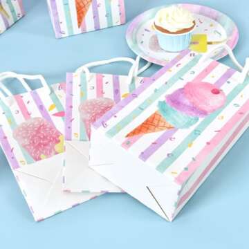 WERNNSAI 16 PCS Ice Cream Gift Bags - Ice Cream Theme Party Supplies Pink Portable Goodies Candy Tote Bags with Handles Party Favors Bags for Girls Sweet Birthday Baby Shower