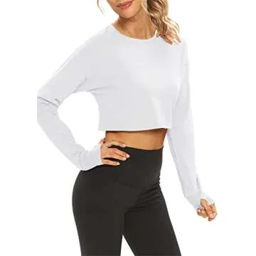 Mippo Long Sleeve Crop Top Workout Shirts Athletic Gym Active Wear Loose Cropped Sweaters Oversized Tshirts White S