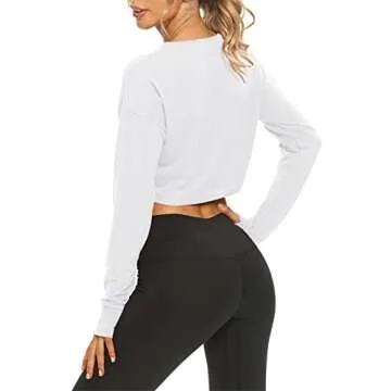Mippo Long Sleeve Crop Top Workout Shirts Athletic Gym Active Wear Loose Cropped Sweaters Oversized Tshirts White S