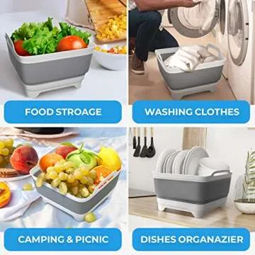 Vamako Collapsible Wash Basin with Drain Plug - 2.4 Gal(9L) Wash Basin for Baby Bottles, Foldable Dish Pans for Kitchen Sink & Camping & Hand Washing Station, Wash Bin, Laundry Tub, Portable Dish Tub