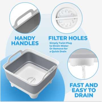Vamako Collapsible Wash Basin with Drain Plug - 2.4 Gal(9L) Wash Basin for Baby Bottles, Foldable Dish Pans for Kitchen Sink & Camping & Hand Washing Station, Wash Bin, Laundry Tub, Portable Dish Tub