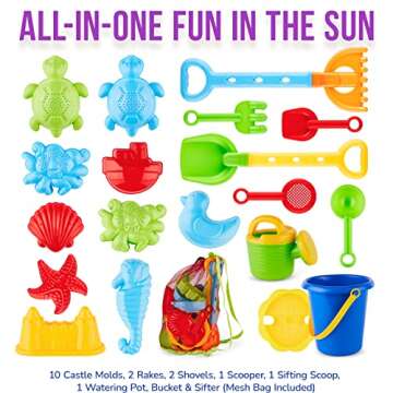 Click N' Play Beach Toys for Kids 3-10 - 18pc Sand Toys Including Sand Buckets for Kids with Sifter,...